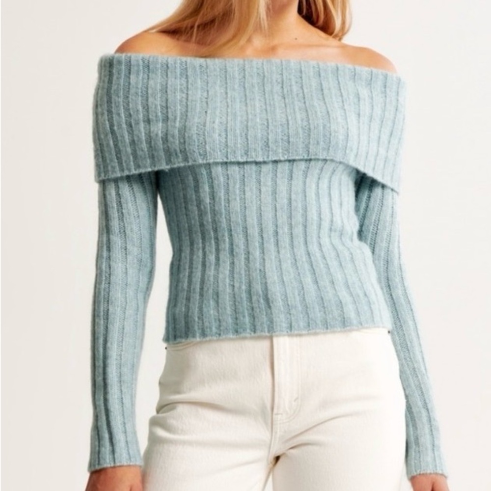 A&F Off-Shoulder Ribbed Sweater in Light Blue